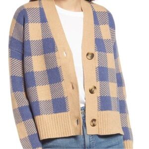 Madewell Bayberry Blue Tan Checkered Cardigan